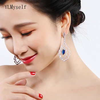 

New charming 64 mm Luxury long wedding earring Women Blue crystal female jewellery big water drop earrings for party