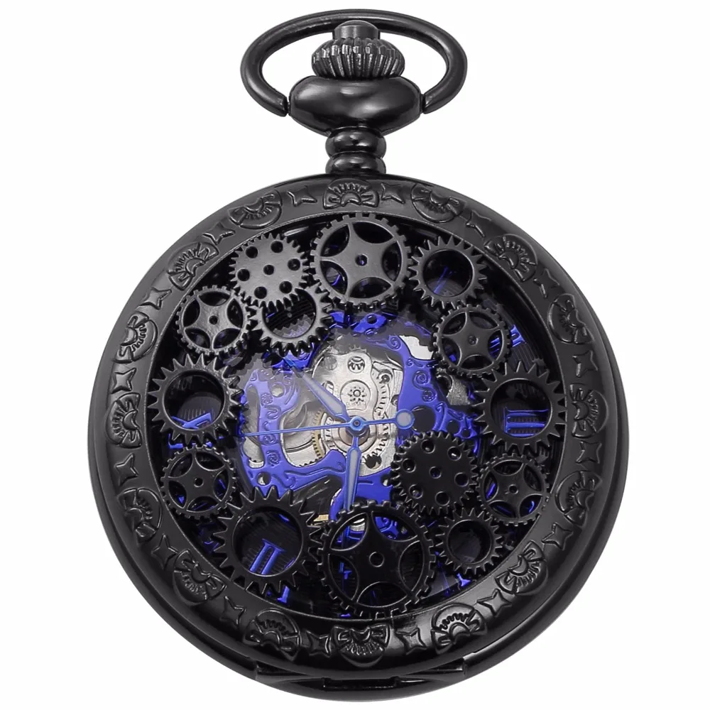

Fashion Blue Analog Hollow Case Men Mechanical Movement Pocket Watch With Long Chain Steampunk Hand Winding Clock Gift / WPK219