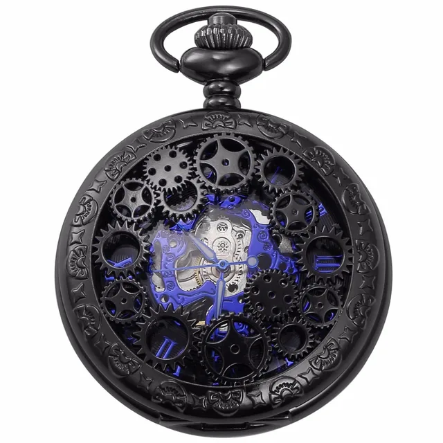 Fashion Blue Analog Hollow Case Men Mechanical Movement Pocket Watch With Long C Fashion Blue Analog Hollow Case Men Mechanical Movement Pocket Watch With Long C