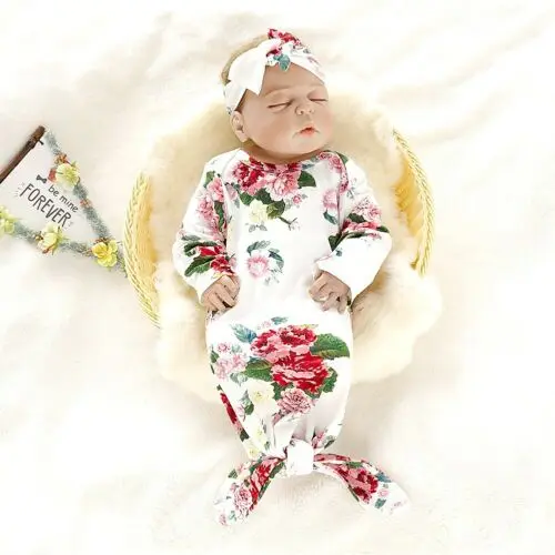 Пеленальное Одеяло для новорожденных девочек и мальчиков, спальный мешок+ повязка на голову, наряд с принтом в виде большого цветка, мягкие комплекты высокого качества