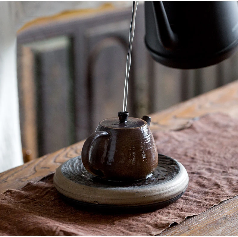 Дзен, японский стиль, Круглый квадратный мини-лоток для хранения воды, держатель чайного горшка, база, винтажная грубая гончарная керамика, чайные аксессуары для плат