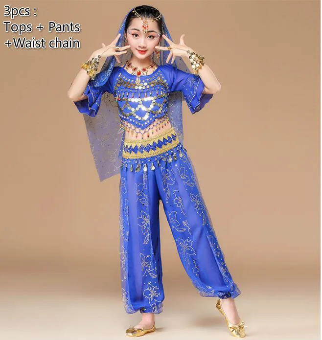 Детская индийский танцевальный костюм обувь для девочек живота комплекты для танцев Восточный танец национальный костюм выступления Болливуд одежда 3 цвета - Цвет: 3pcs dark blue