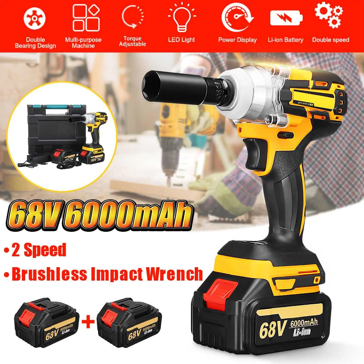 

2 Speed 68V 0-3300RPM 380Nm Brushless Cordless Electric Impact Wrench Drill Motor power Hand Tool with 2 Lithium-Ion Battery