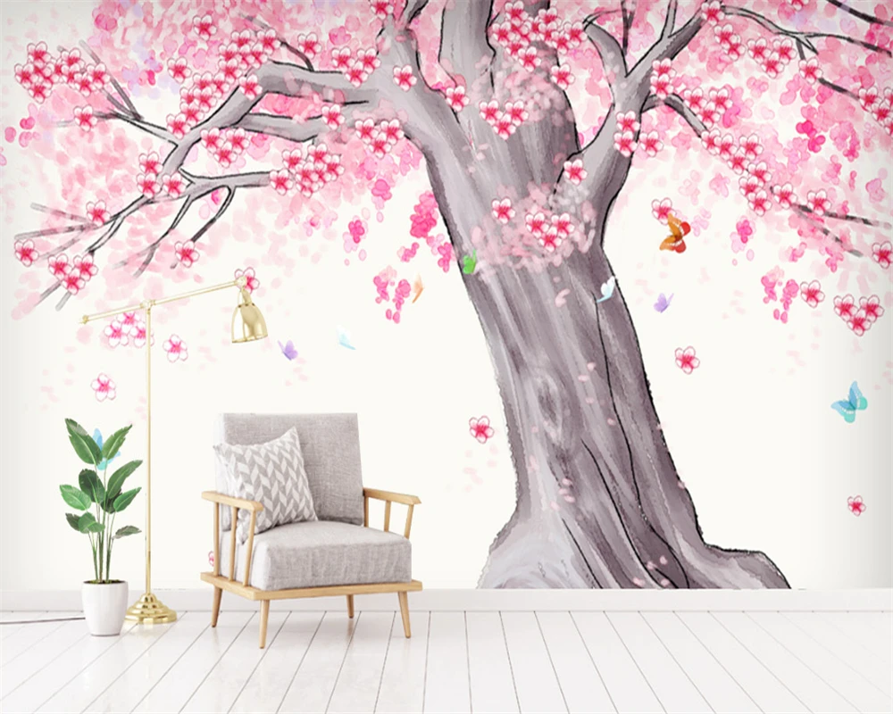 

Beibehang Custom wallpaper simple hand-painted watercolor cherry tree scenery TV background wall decoration murals 3d wallpaper