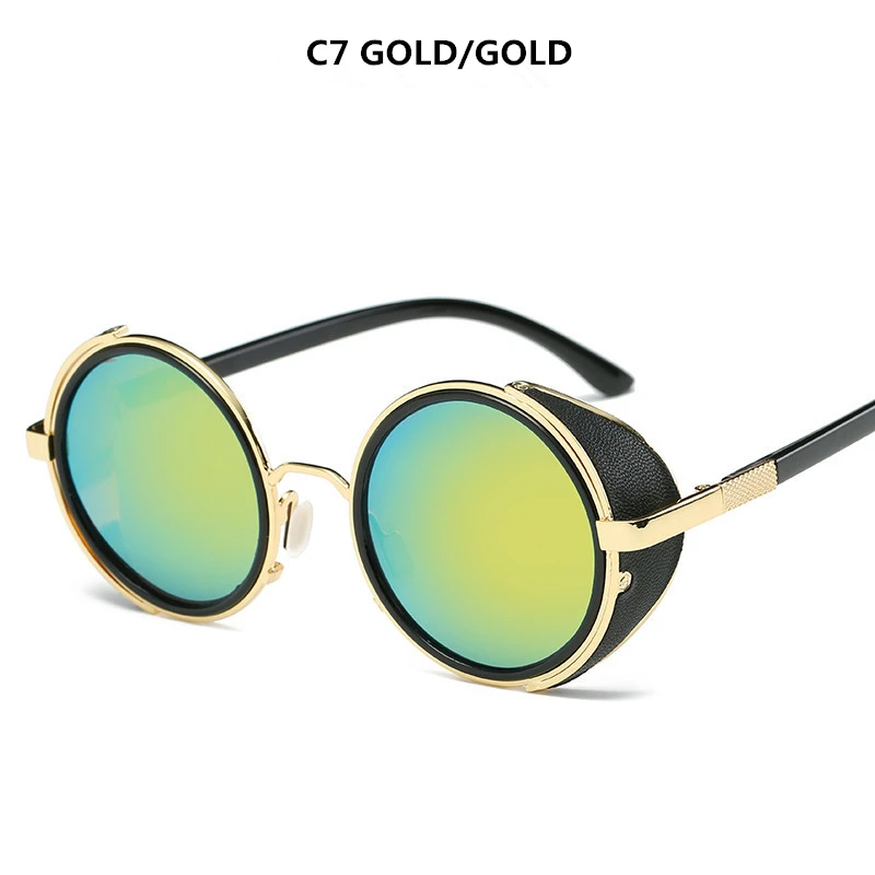 Steampunk Sunglasses Women Round Glasses Goggles Men Side Visor Circle Lens Unisex Vintage Retro Style Punk Oculos De Sol - Lenses Color: GOLD GOLD