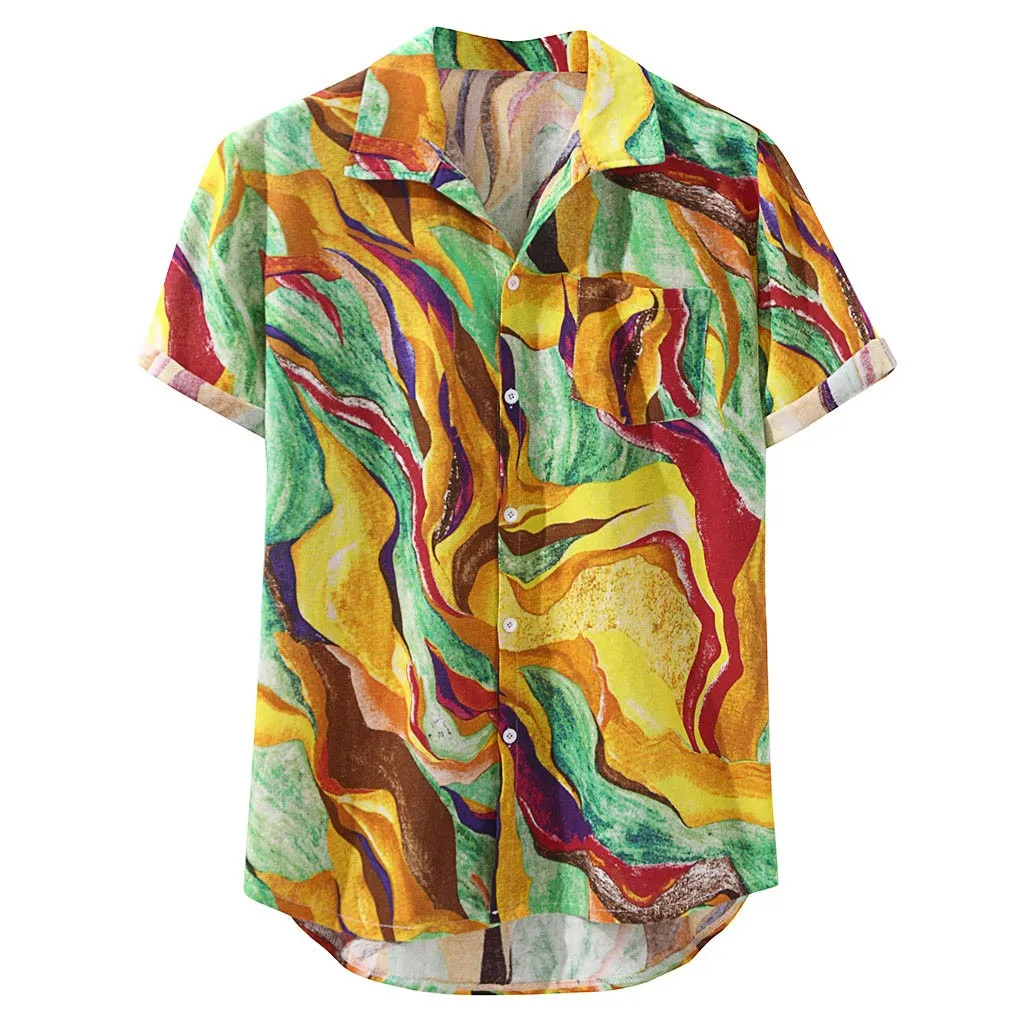 Womail Mens Hawaiian Pocket Short Sleeve Loose Shirts Print Linen Blouse Hawaiian Shirts Cotton Fashion Men Beach Hawaiian Shirt - Цвет: Yellow