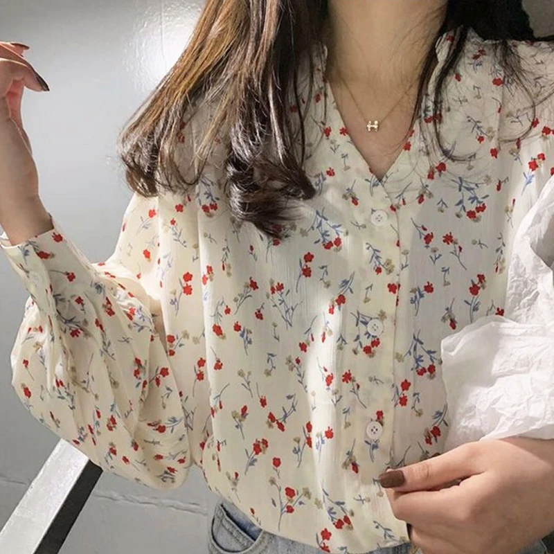 

Retro Little Flower Print Chiffon Blouse Lantern Sleeve Top Women Shirt Loose Spring Summer Chemise Femme Chemisier Blusa Mujer
