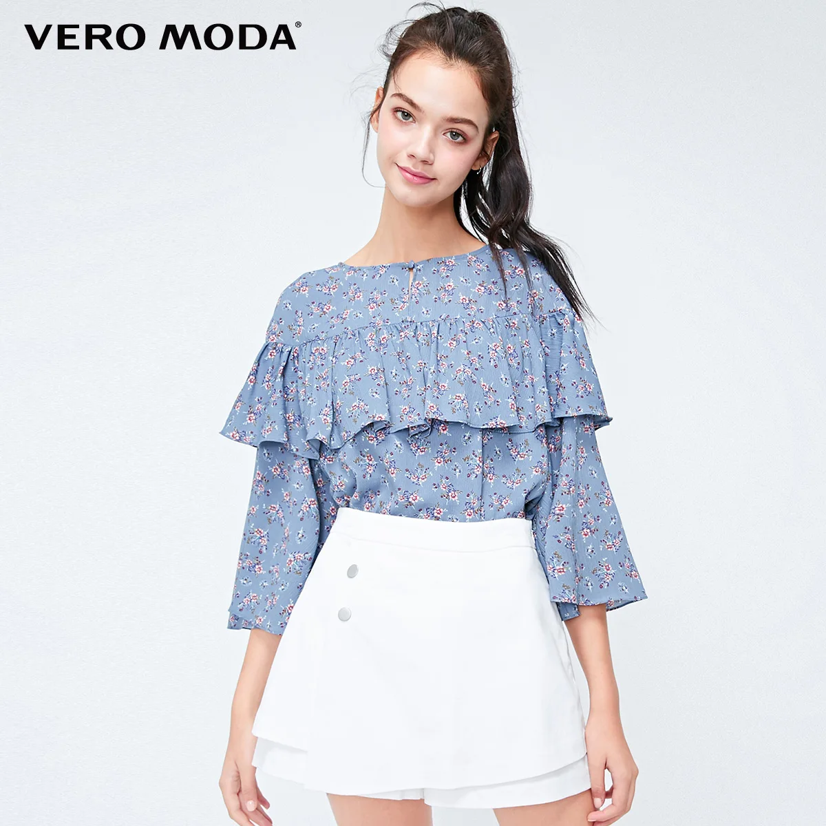 Vero Moda женская национальная печать гофрированные 3/4 рукава шифоновая рубашка блузка | 318358506 - Цвет: Bijou blue