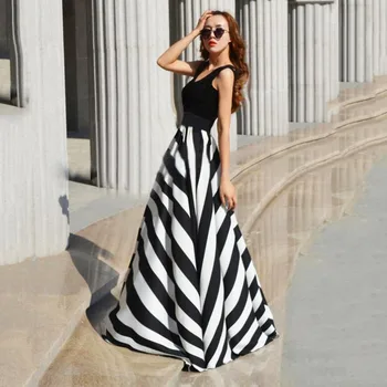 

Sexy Women Long Dress Round Neck Fashion Black and White Striped Female Dress Female Sleeveless O Neck Vestidos Femme wholesale