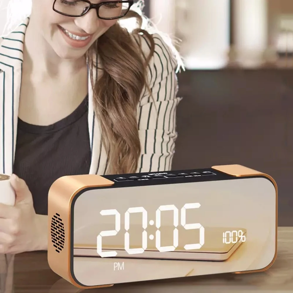 

Mirror LED Bluetooth Speakers Wireless Metal Stereo PC Phones Speaker Mp3 Player With Mic FM Radio TF/SD AUX IN Time Alarm Clock