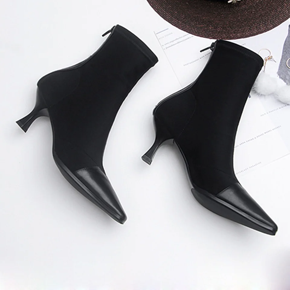 Patchwork Jawakye Cm beige Cuir Talons Chaussures Femmes Mujer D'été Chaussette En 9 Bottes Sexy Élastique Black Pointu Cheville Bout Haute Botas All Cm Tissu Cm apricot rshQxtdC