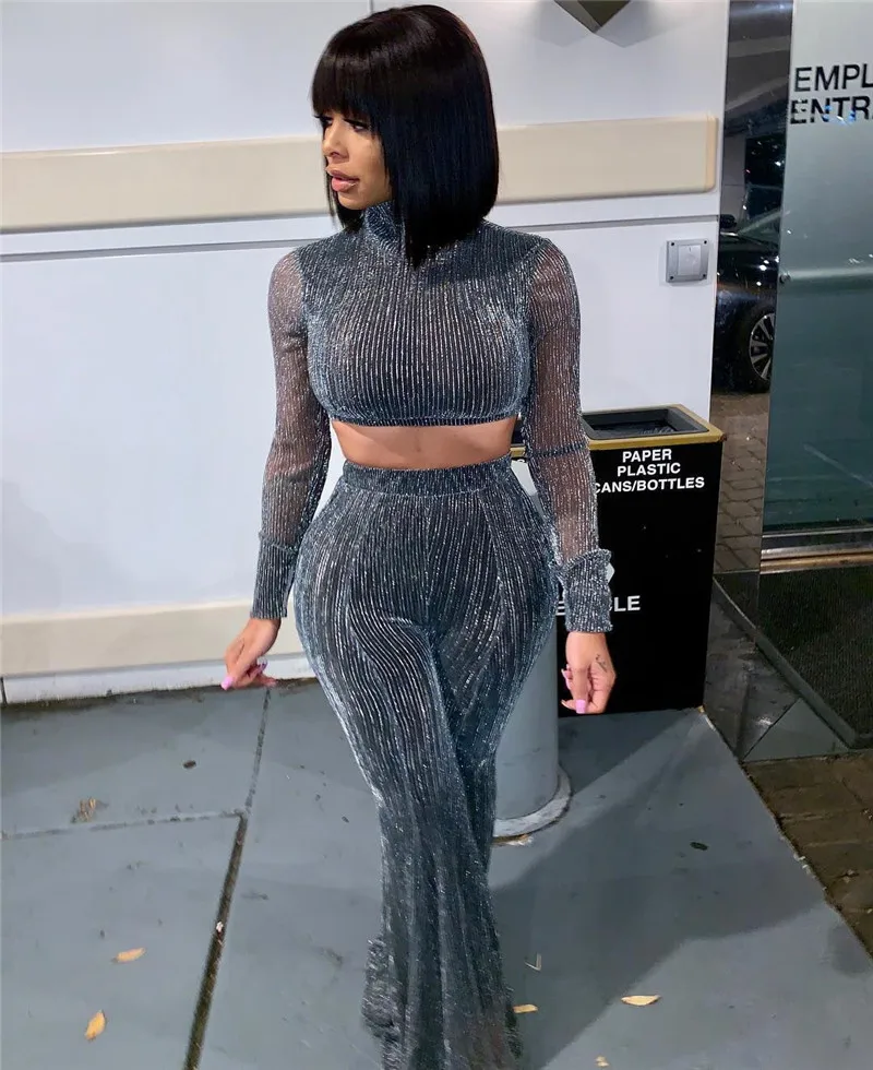 Sexy Two Piece Sets Women Glitter Crop 
