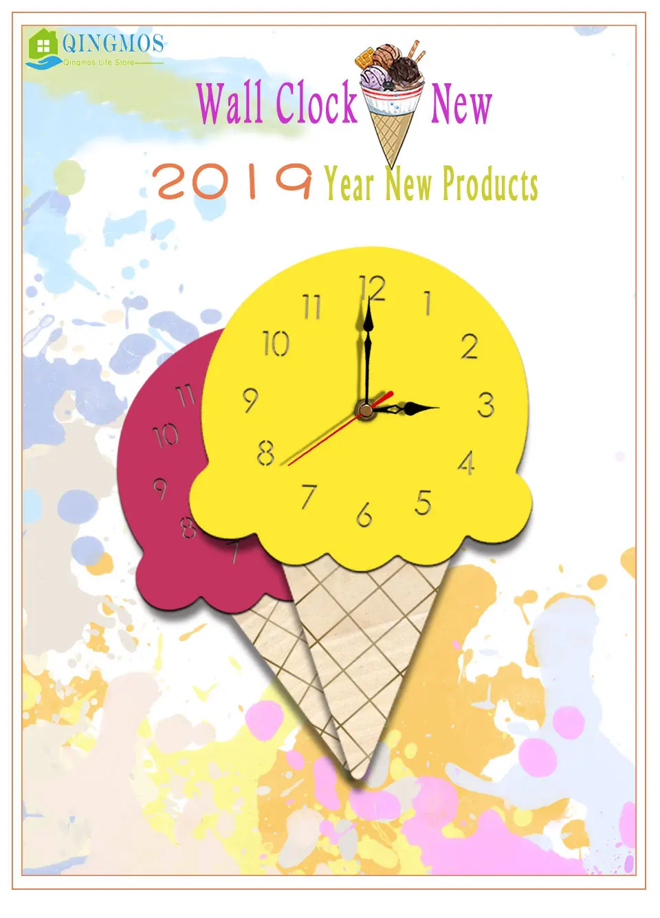 Qingmos новинка 2019 настенные часы в форме мороженого акриловые не тикающие