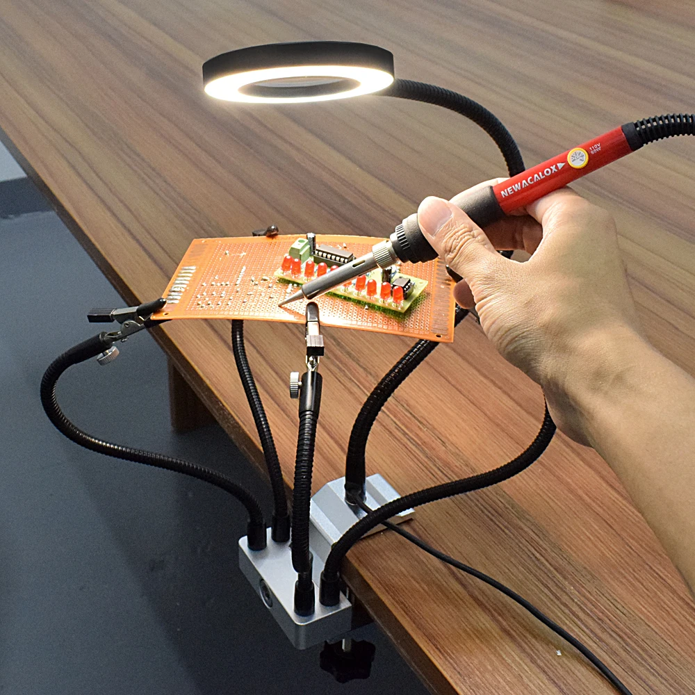 NEWACALOX скамейка тиски, стол зажим паяльник держатель паяльная станция USB светодиодный 3X лупа 5 шт. гибкие руки Третий ручной инструмент