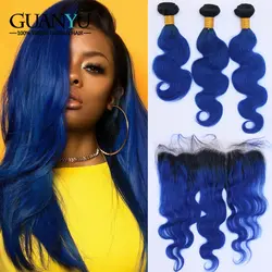 Guanyuhair 2 тона # 1B/синий Омбре бразильские волосы remy 3 пучка с 13x4 синтетический фронтальный закрытие уха до уха волнистые человеческие волосы