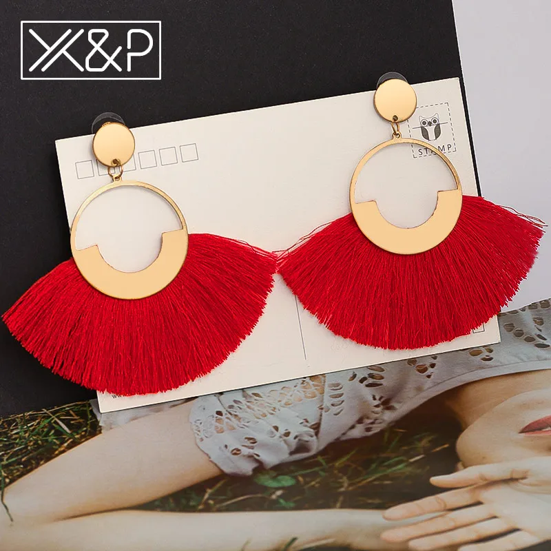 X&P Fashion Bohemian Big Tassel Earrings Statement Large Gold Handmade Brincos Drop Dangle Tassel Earring for Women Za Jewelry