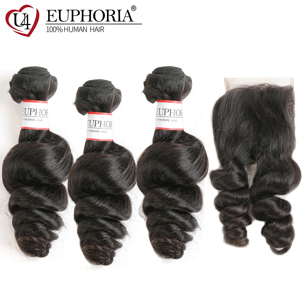 

Loose Wave Brazilian Hair Weave Bundles With Lace Closure Middle/Free Part EUPHORIA Natural Color 100% Remy Human Hair Extension