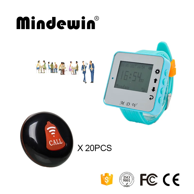 Mindewin тип 20 шт кнопки вызова стола M-K-1 и 1 шт часы пейджер M-W-1 ресторан или кафе магазин Беспроводная система вызова - Цвет: Black red