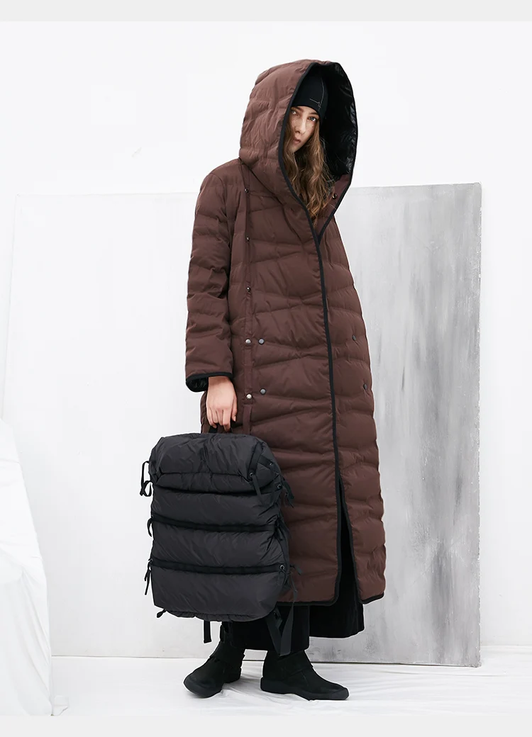 

Original Design Winter Women Brief Diamond Lattice Thicken Warm Hooded X-Long White Duck Down Jacket Outerwear