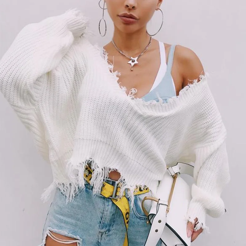 

AREQW Knitted Sweater Autumn Women One Size Ripped V Neck Loose Sweater Pullovers Ladies Solid Color Tassel Sweaters Tops 2019