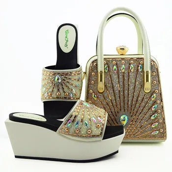 

New arrival wedges white shoes and clutches handle bag 2019 nice fashion italian shoes and bag matching set for asoebi SB8382-4
