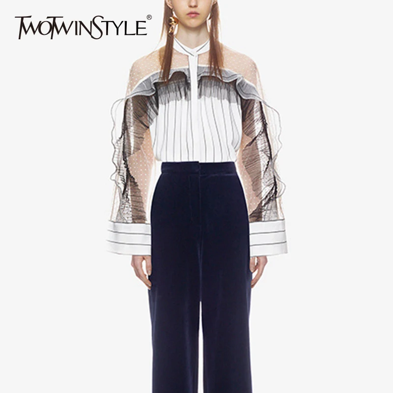 Acheter TWOTWINSTYLE Dentelle Ruches Chemise Femelle Patchwork Évider Stand Col Arrondi Manches Unique Poitrine Chemisier 2018 Printemps Mode