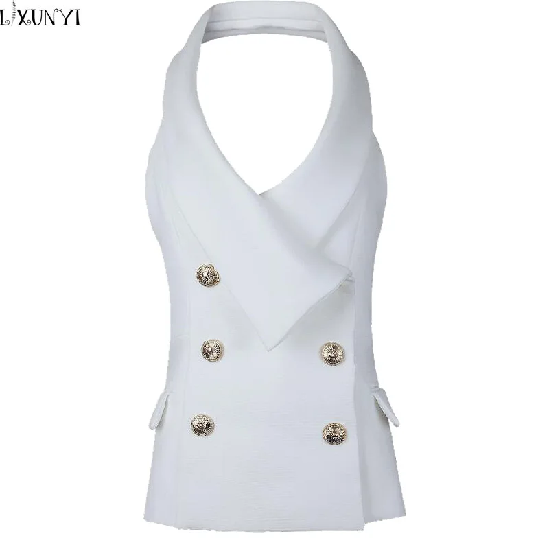 

Veste Femme Europe 2016 Spring Summer Double Breasted Halter Vest Women Black White OL Formal Fashion Short Waistcoat Woman Sexy