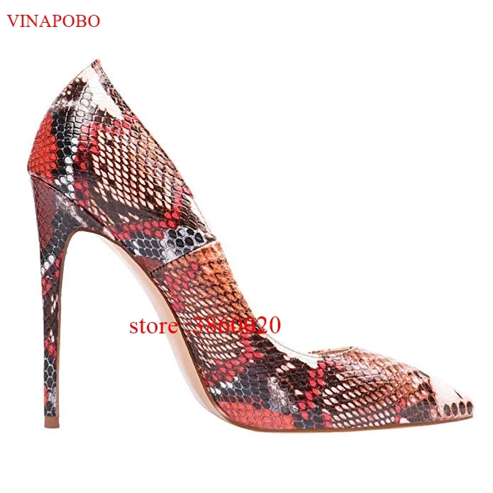 VINAPOBO/женские туфли-лодочки из матовой кожи со змеиным принтом; цвет красный, черный; вечерние туфли на высоком каблуке-шпильке с острым носком; пикантные офисные свадебные туфли - Цвет: 10cm
