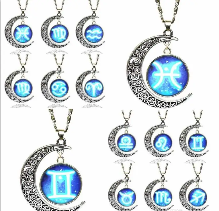 Ожерелье s Подвески 12 знаков Созвездие голубая луна кулон космос ожерелье Мужчины Женщины Ювелирные изделия Подвески ожерелье s