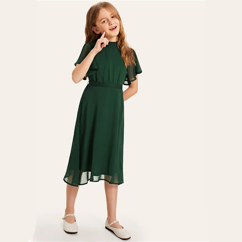 SHEIN/Детские вечерние платья зеленого цвета с разрезом на спине и поясом для девочек; коллекция года; летние платья с рукавами-бабочками; милые детские платья с расклешенными рукавами