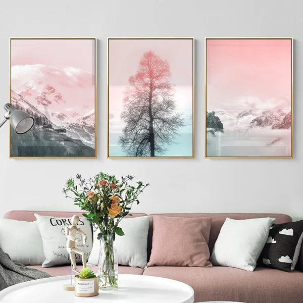 

Pink Mountain Tree Landscape Canvas Painting Wall Art Posters and Print Girl Nordic Decorative Wall Pictures For Living Room