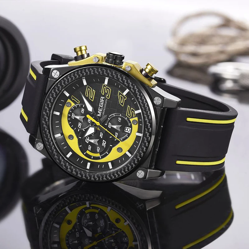 MEGIR Quartz Men Sport Watch Big Dials Silicone Strap Army Military Watches Clock Men Chronograph W