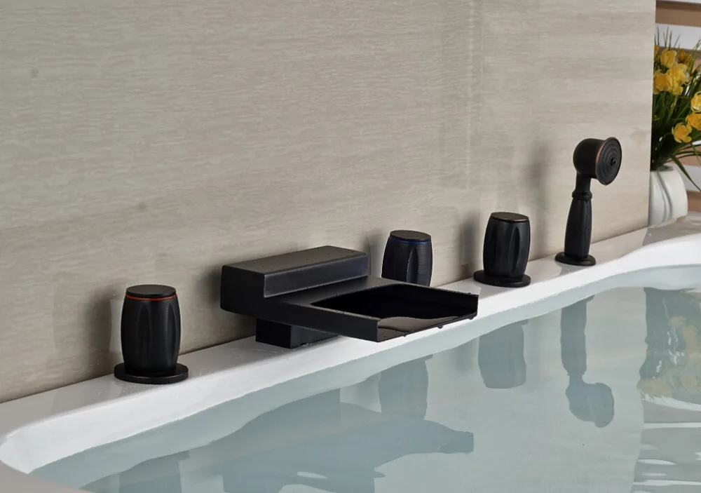 

Brief Deck Mounted Oil Rubbed Bronze Waterfall Bathroom Tub Faucet With Hand Shower Sprayer 5pcs