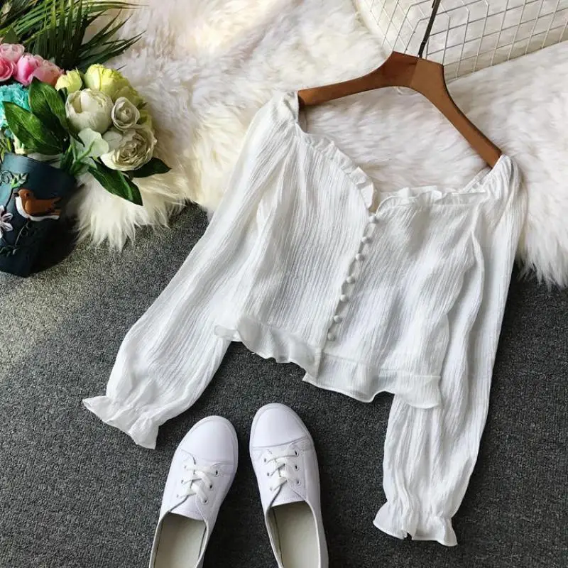 

2019 Summer Square Collar Sexy White Short Shirts Women Autumn Long Sleeved Button Korean Blouse Ladies Vintage Boho Crop Tops