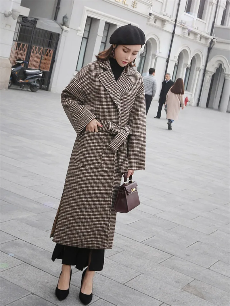 IOQRCJV Womens Autumn and Winter Woolen Jacket Warm Plaid Coat Female Long Large Size Long Sleeves Woolen Coat S105