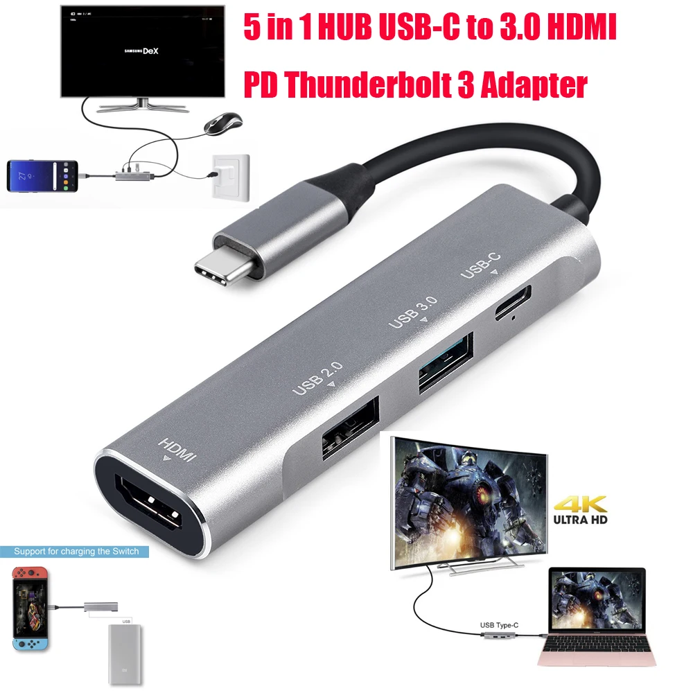 

5 in 1 USB C HUB USB-C to 3.0 HUB HDMI PD Thunderbolt 3 Adapter for MacBook Samsung Galaxy S9/S10 Huawei P30 Pro Type C USB HUB