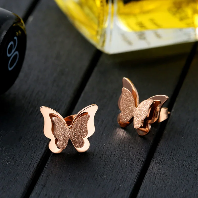 

luxury rose gold & silver colour butterfly stud earrings stainless steel small earrings for women fashion jewelry gift Earings