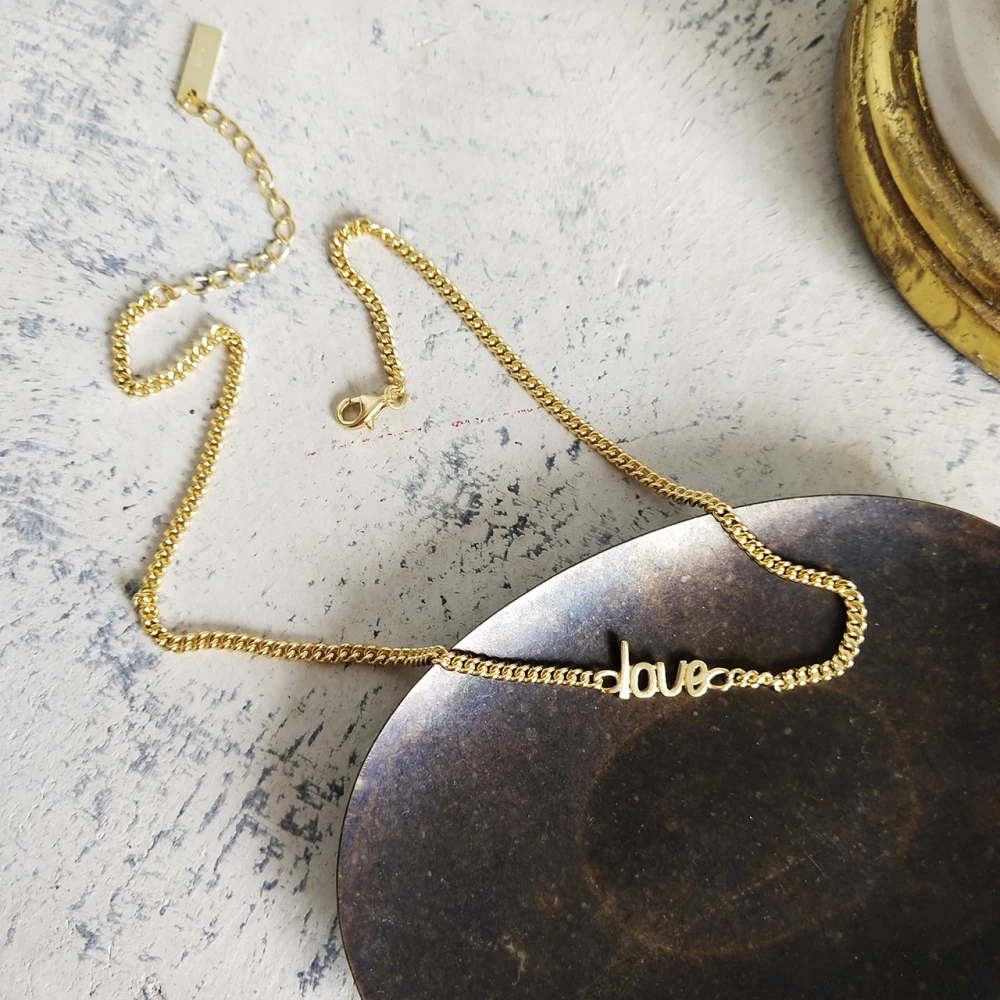 

925 Sterling Silver Gold Curb Chain Necklace Women LOVE Initial Charm Short Cuban Necklace Choker Golden Jewelry for Lovers