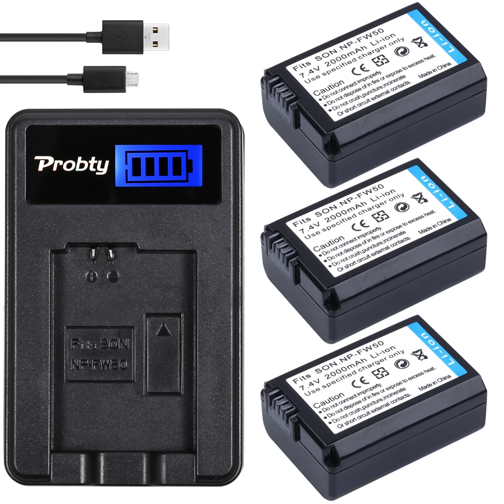Probty 3 шт. 2000 мАч NP-FW50 npfw50 np fw50 Батарея+ ЖК-дисплей USB Зарядное устройство для Sony NEX-5 NEX-7 slt-a55 A33 a55 A37 A3000 A5000 a6000