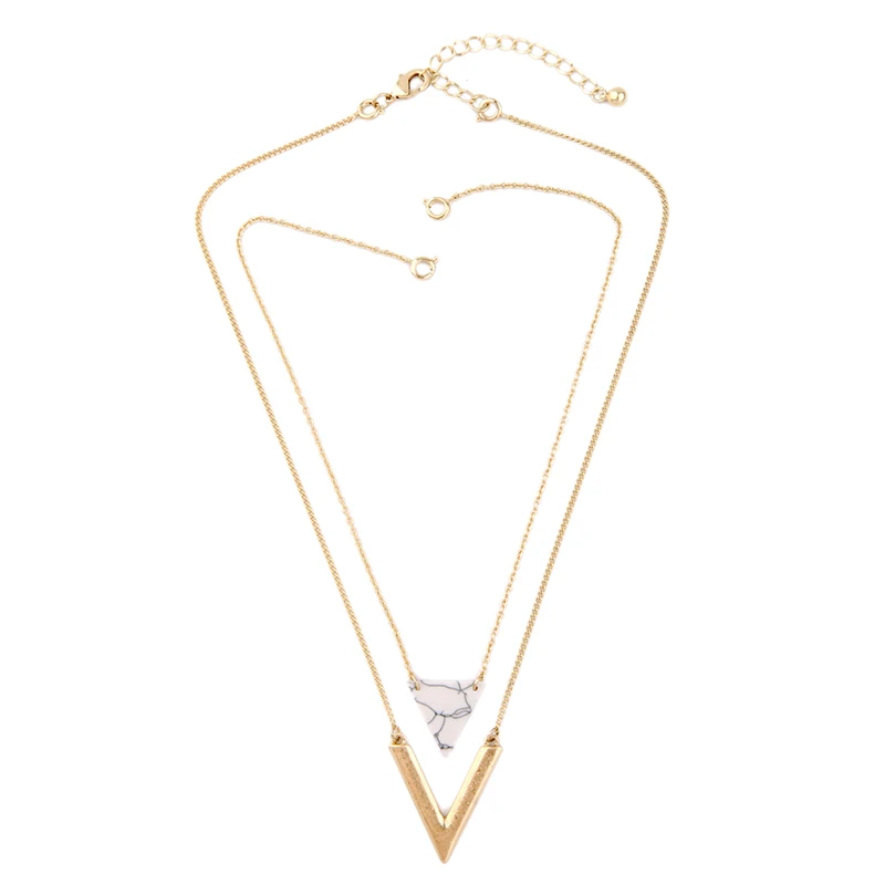 KISS ME Two layers Artificial Marble Triangle Stone Pendant Necklace xl01982 KISS ME Two layers Artificial Marble Triangle Stone Pendant Necklace xl01982