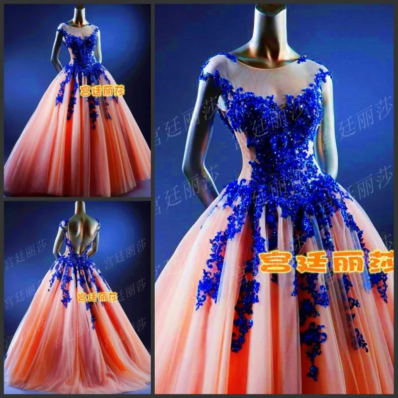 

cap sleeve royal blue lace appliques pink tulle long Prom Dresses ball gown 2015 new hot vestidos sexy backless beading weddings