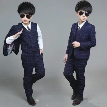 

2019 Spring Autumn Fashion Kids Boys Tuxedo School Suits Children Formal Prom Weddings Plaid Blazers Teens Boys 3Pcs Sets Q243