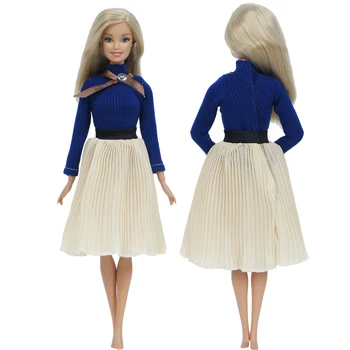 

Fashion Handmade Doll Dress for Barbie Doll Blue Dating Wear Long Sleeves Blouse Pleated Skirt Outfit Doll Clothes Accessories