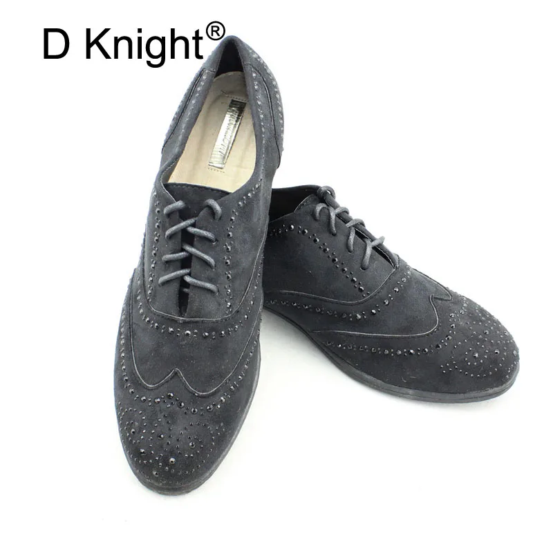 

Retro Oxford Shoes Women British Style Bullock Lace-up Rhinestone Women Oxfords Flat Shoes Round Toe Lady Brogue Shoes Big Size