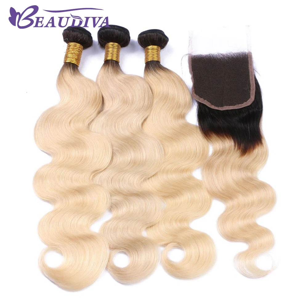 BEAUDIVA Pre-Colored Body Wave Human Hair Bundles With Closure 4*4 Lace Closure 3 Bundles Human Hair T1B/613 Blond Ombre Color brazilian-body-wave-closure