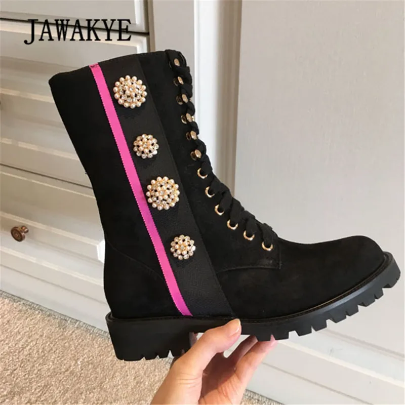 

2019 Pearl Flower Ankle Boots Women Round Toe Rhinestone Mixed Color Lace-up Side Zipper Fashion Martin Boots