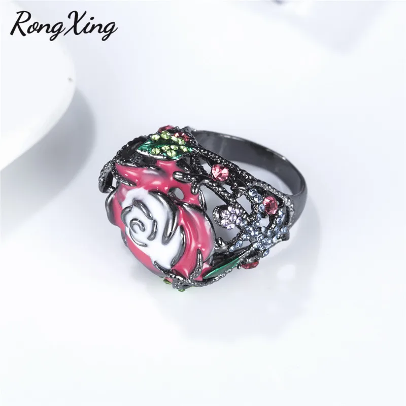 RongXing, уникальный цветок розы, лунный камень, кольца для женщин, винтажная мода, Черное золото, заполненный камень, кольцо для женщин, Boho, ювелирное изделие, подарок