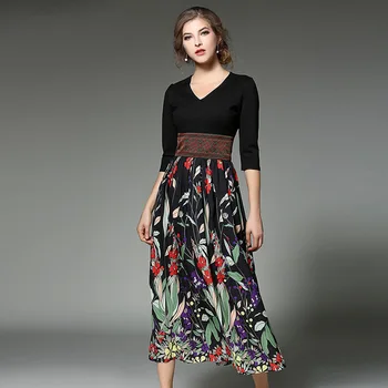 

Ethnic Style Printing High-end Quality 2018 Autumn New Women's Wear Three Quarter Sleeve V-Neck Sculpture Chiffon Dresses S-XL