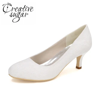 

Creativesugar simple closed toe slip on lady satin dress shoes 6cm kitten heels white purple champagne royal blue red silver