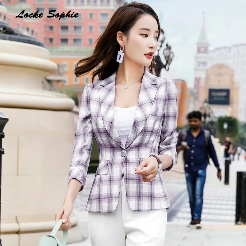1pcs Womens Plus size Blazers coats 2019 Summer cotton Single buckle plaid Small Suits jackets ladies Skinny Blazers Suits coats